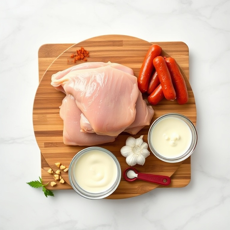 Fresh chicken thighs, andouille sausage, heavy cream, garlic, paprika, and cayenne stacked neatly on a wooden board.