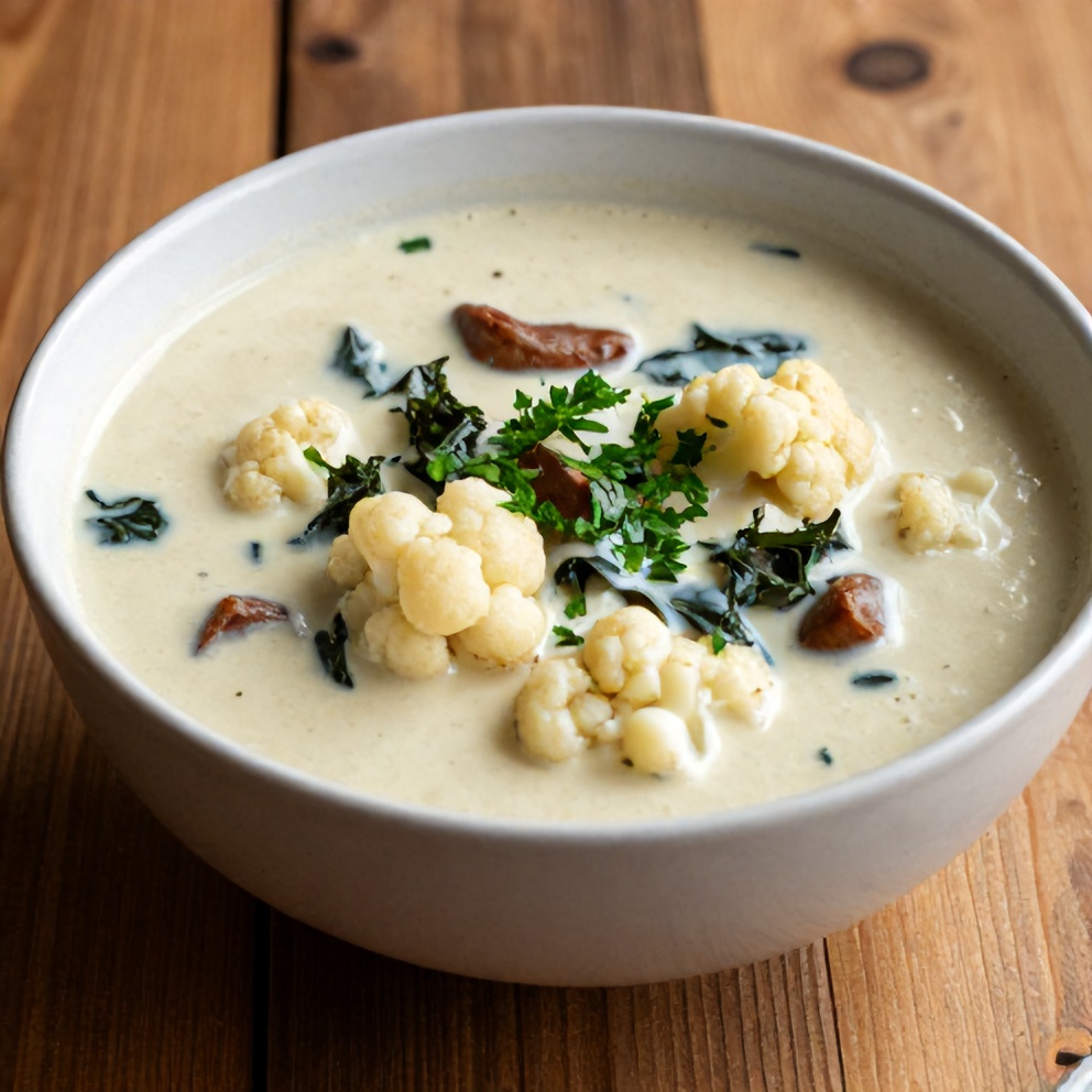 Plated serving of Cauliflower Sausage Kale Soup with a sprinkle of fresh parsley, sitting on a rustic wooden table