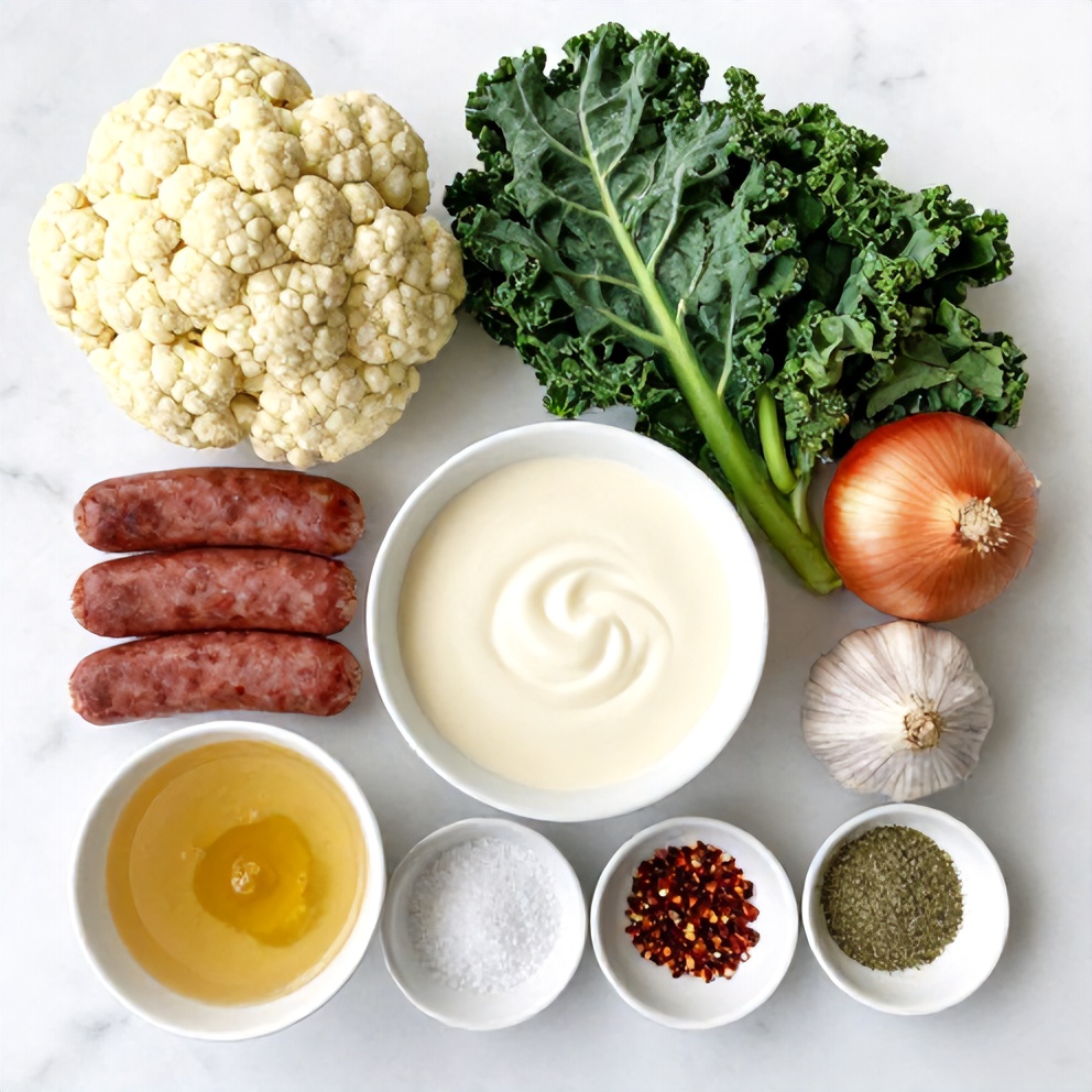 Raw ingredients for Cauliflower Sausage Kale Soup arranged in an overhead flat lay, including cauliflower, kale, sausage, and garlic