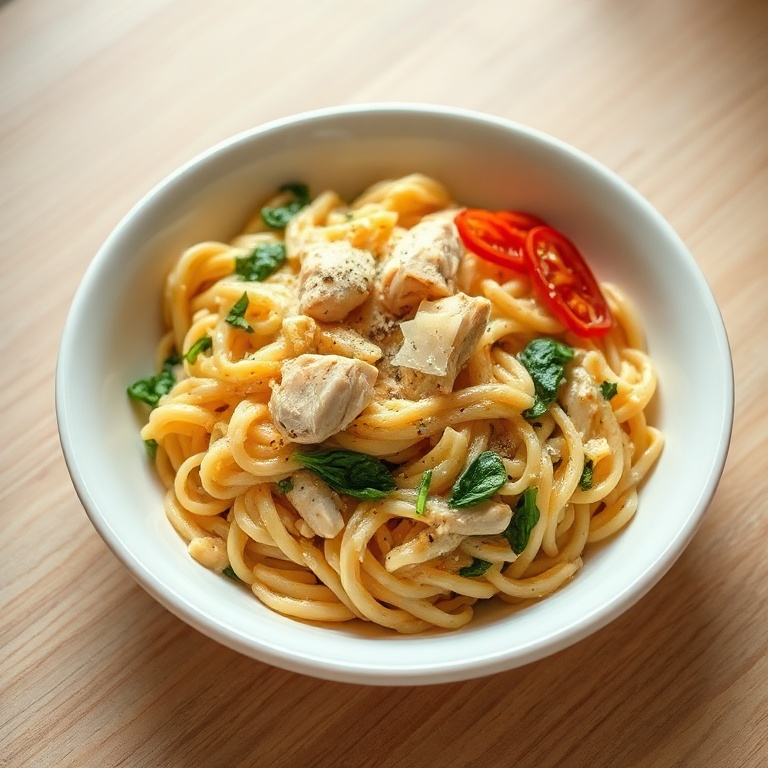 Close-up of creamy chicken orzo garnished with extra sun-dried tomatoes and fresh baby spinach in a shallow white bowl.