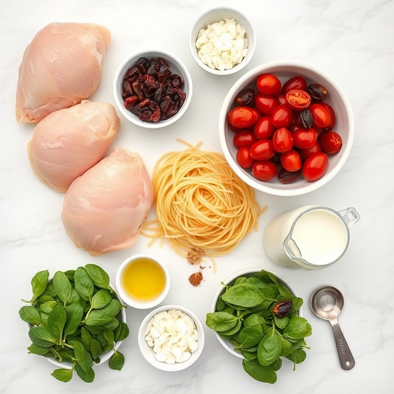 Overhead of raw chicken breasts, orzo pasta, sun-dried tomatoes, baby spinach, and heavy cream as main ingredients. Prep bowls, measuring cups, and small spoons included.