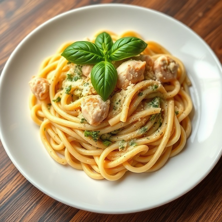 A perfect plate of creamy chicken pesto pasta. Topped with fresh basil and parmesan. A white ceramic plate. Warm light highlighting the texture. Photorealistic food photography. No text. No watermark.