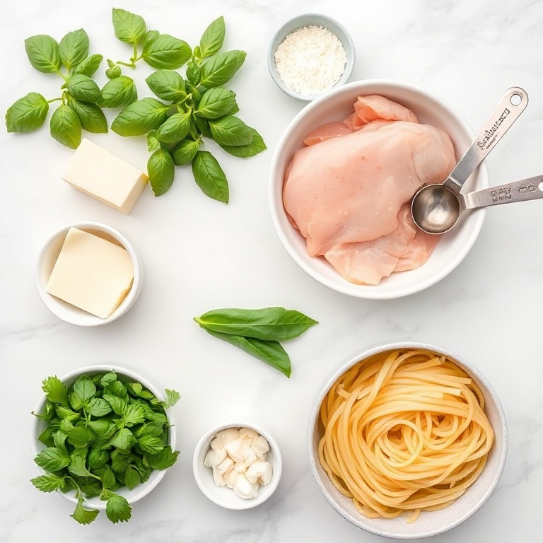 Raw ingredients for creamy chicken pesto pasta arranged in an overhead flat lay. Fresh basil, parmesan cheese, chicken breast, pasta, and garlic. Measuring spoons and bowls. White marble surface. Bright even light. No text. No watermark.