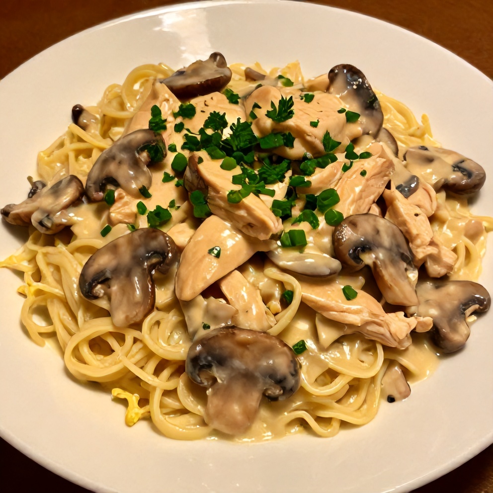 Plated Creamy Chicken Stroganoff with Mushrooms and Egg Noodles