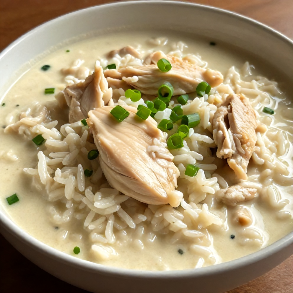 Perfectly plated creamy coconut chicken brothy rice, garnished with green onions, served in a shallow bowl, warm side lighting