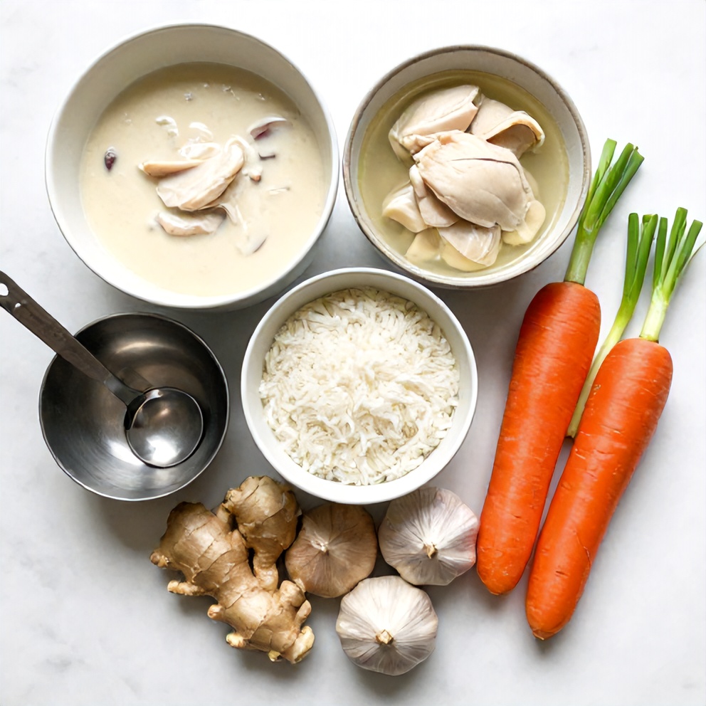 Raw ingredients for creamy coconut chicken brothy rice: chicken breasts, coconut milk, chicken broth, jasmine rice, garlic, ginger, carrots, green onions, overhead flat lay, prep bowls, measuring spoons, white marble surface, bright light