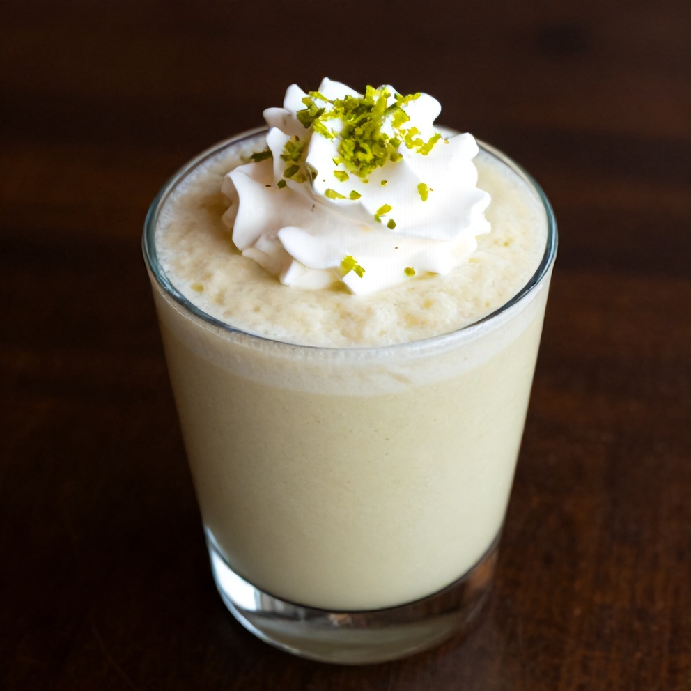 Coconut Key Lime Pie Smoothie garnished with whipped cream and lime zest