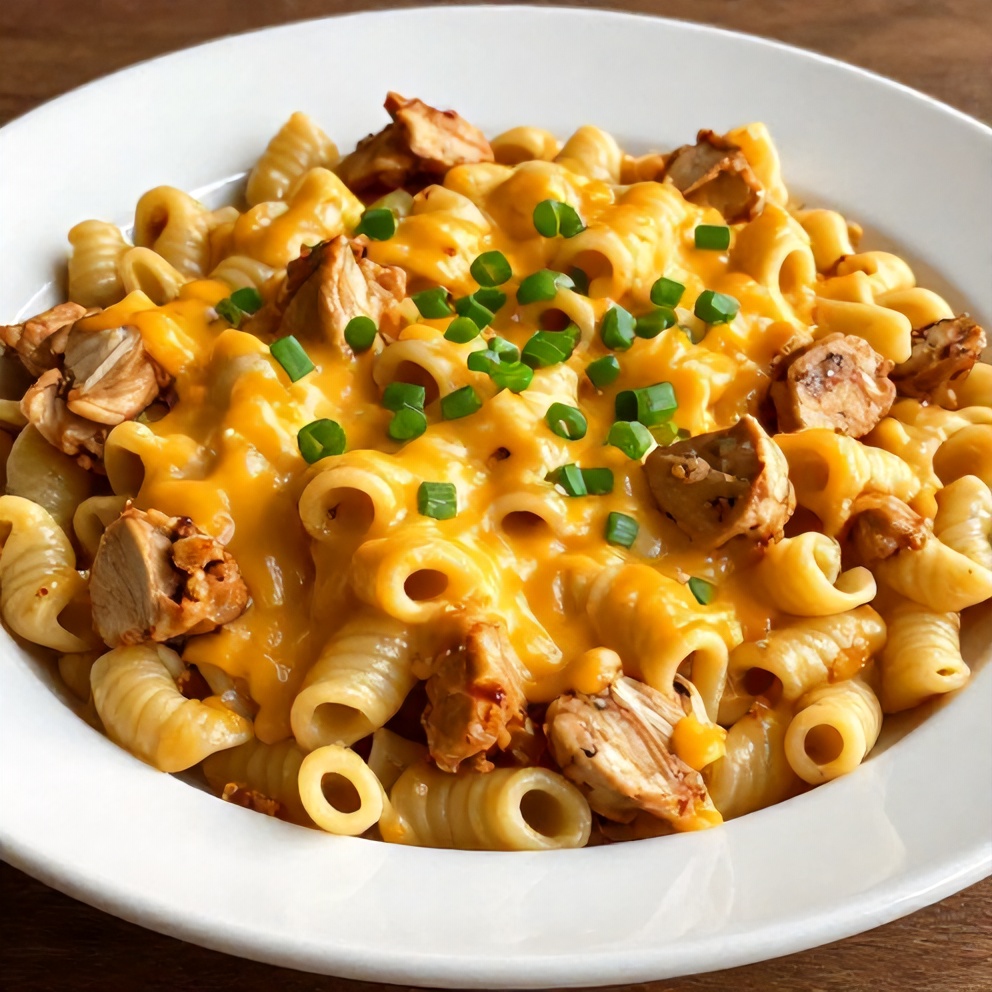 Plated Crockpot Chicken Tortellini with melted cheese and green onions