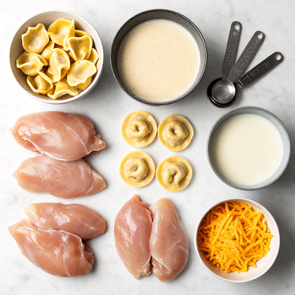 Raw ingredients for Crockpot Chicken Tortellini including chicken breasts, tortellini, cream of chicken soup, and cheese