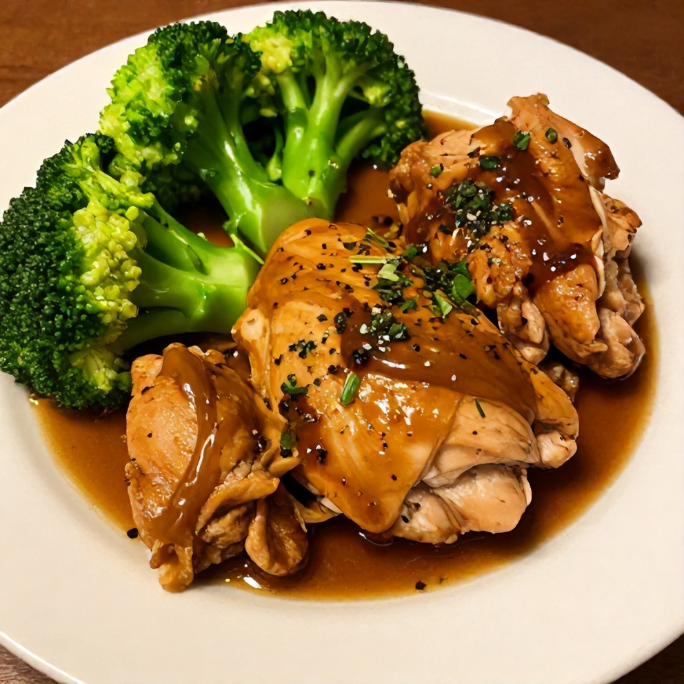 Plated serving of Crockpot Marry Me Chicken on a dinner plate, with a side of steamed broccoli