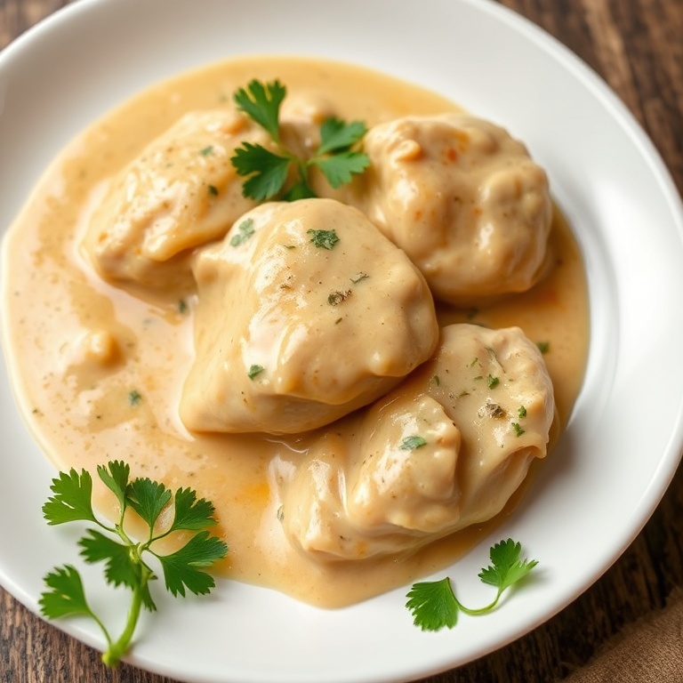 Serving of creamy chicken on a white plate with fresh parsley, close-up showing rich sauce and tender chicken