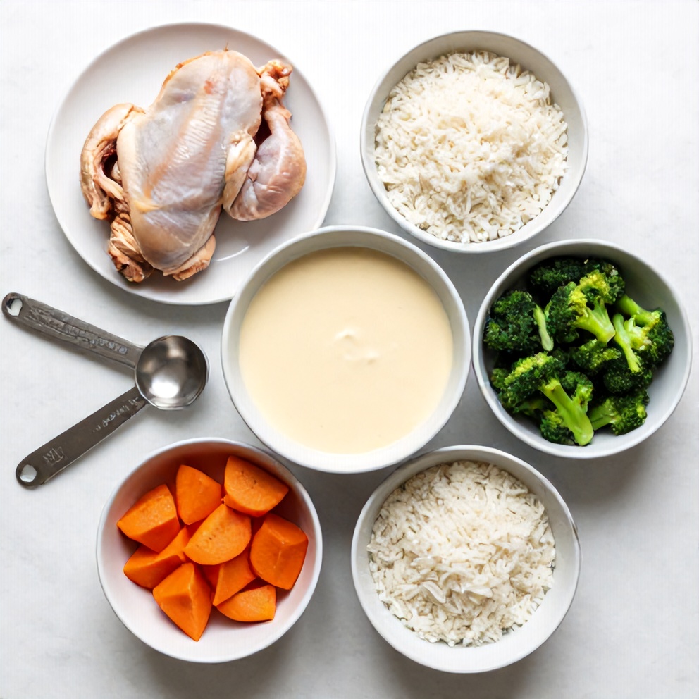 Raw ingredients for Crockpot Marry Me Chicken in an overhead flat lay, including chicken, cream of chicken soup, rice, and vegetables