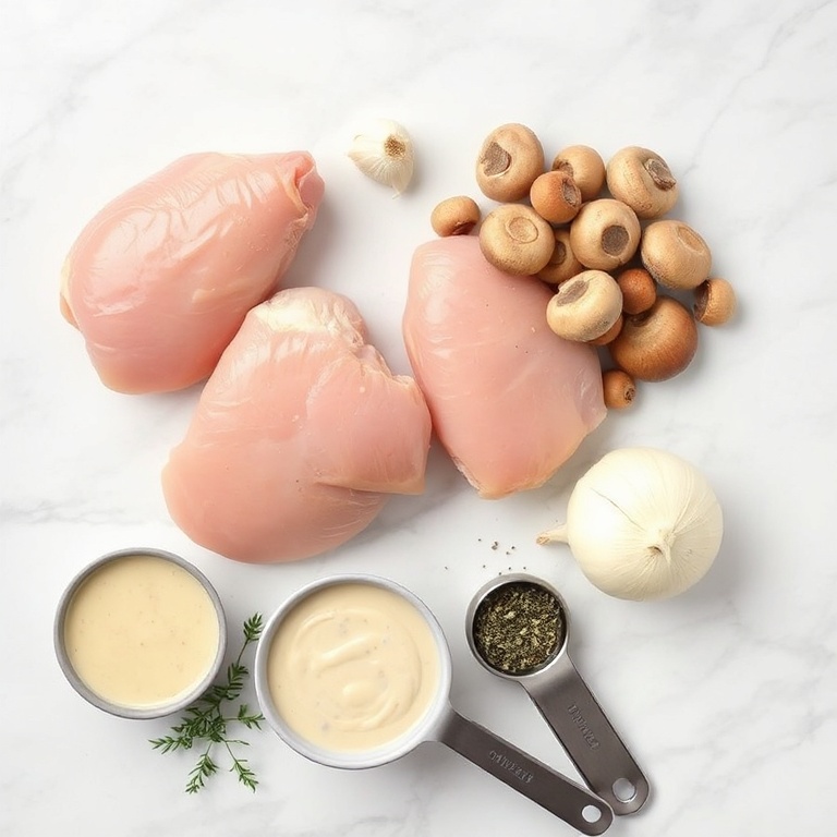 Raw chicken thighs, mushrooms, onions, cream of mushroom soup, garlic, and thyme arranged in a flat lay on a white marble surface with measuring tools