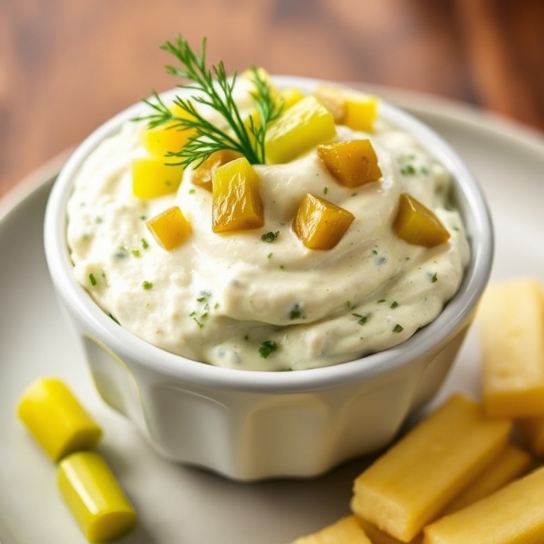 A serving of creamy dill pickle ranch dip topped with chopped dill and pickles in a small ceramic bowl with celery sticks and chips.