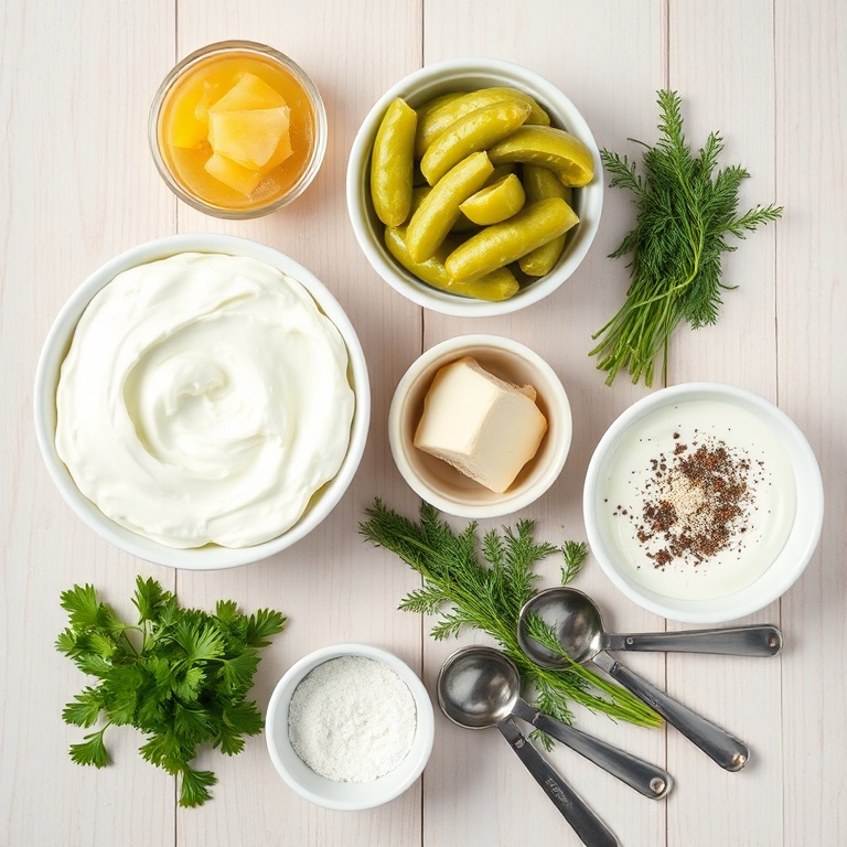 Overhead shot of cottage cheese, dill pickles, ranch seasoning, fresh dill, Greek yogurt, and lemon juice in prep bowls with measuring spoons.