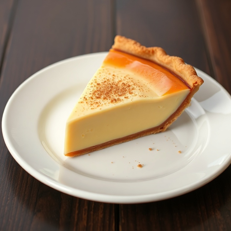 A perfectly plated slice of eggnog pie with a sprinkle of nutmeg. Served on a white ceramic plate with a dark wooden background.