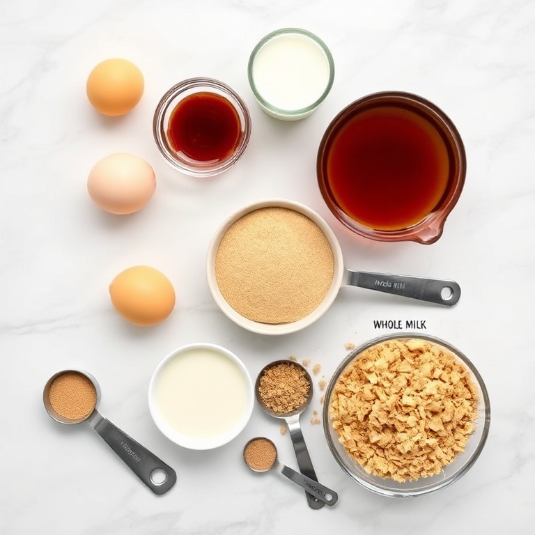 A flat lay of eggnog pie ingredients. Eggs, whole milk, dark rum, nutmeg, and graham cracker crumbs visible. Measuring cups and spoons nearby on a white marble surface.