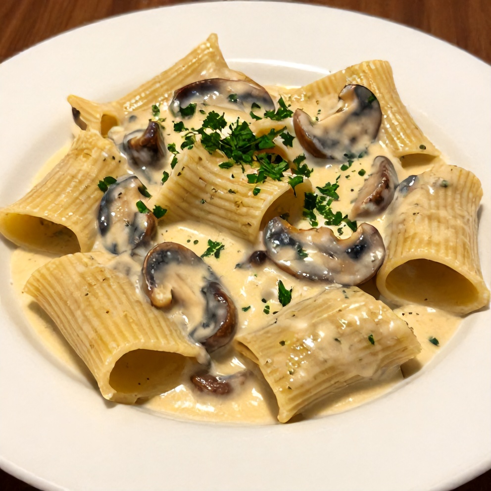 One perfect plated serving of Creamy Garlic Mushroom Stuffed Shells on a white plate, garnished with fresh parsley