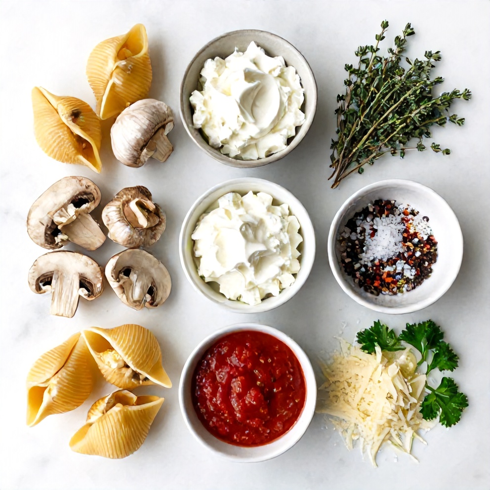 Raw ingredients for Creamy Garlic Mushroom Stuffed Shells
