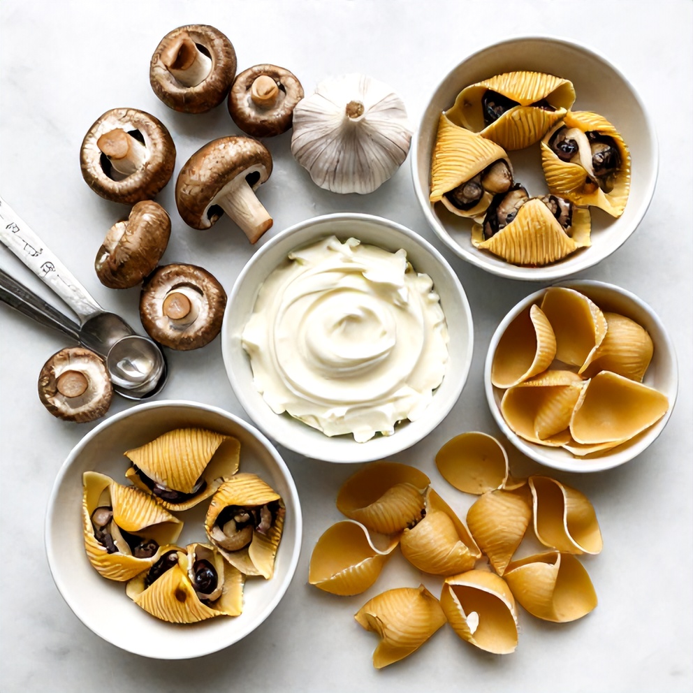 Overhead flat lay of raw ingredients for Creamy Garlic Mushroom Stuffed Shells, including mushrooms, garlic, cream cheese, and pasta shells