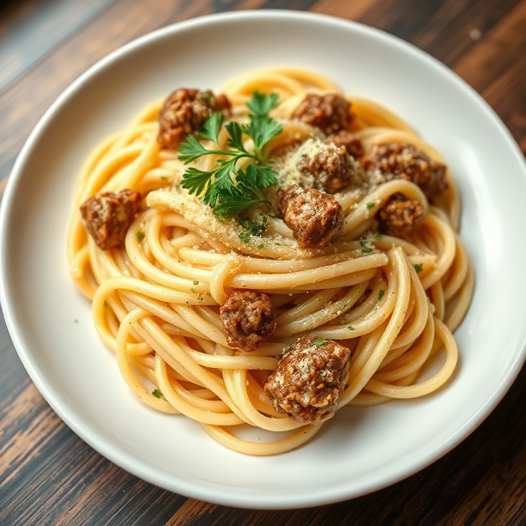 Creamy Garlic Parmesan Beef Pasta with fresh parsley and Parmesan