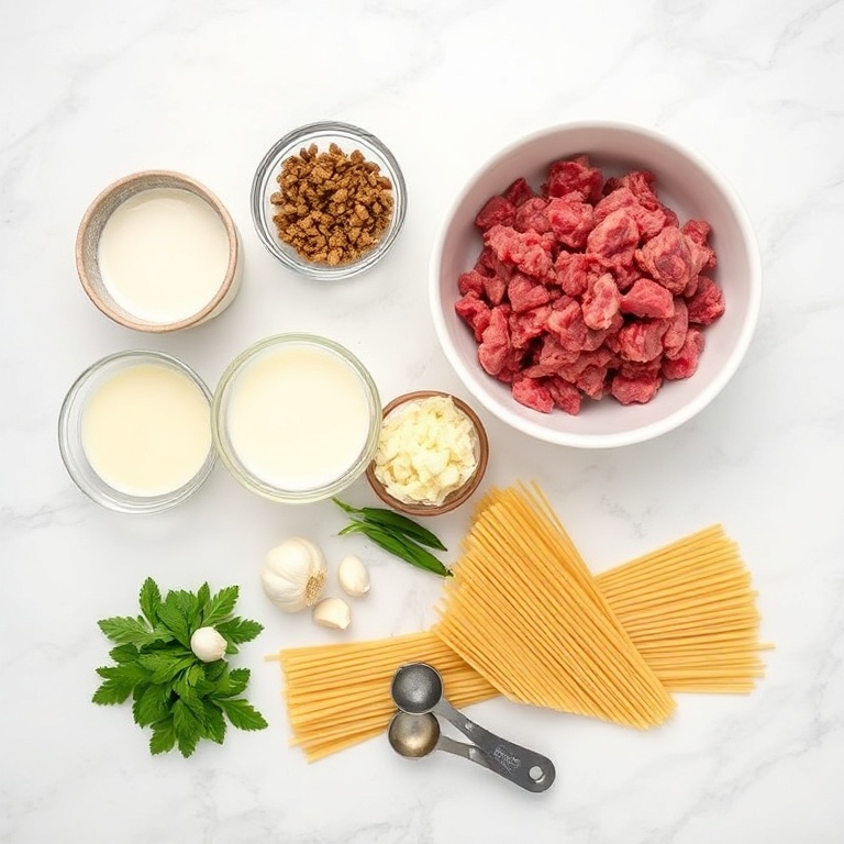 Raw ingredients for Creamy Garlic Parmesan Beef Pasta in a flat lay