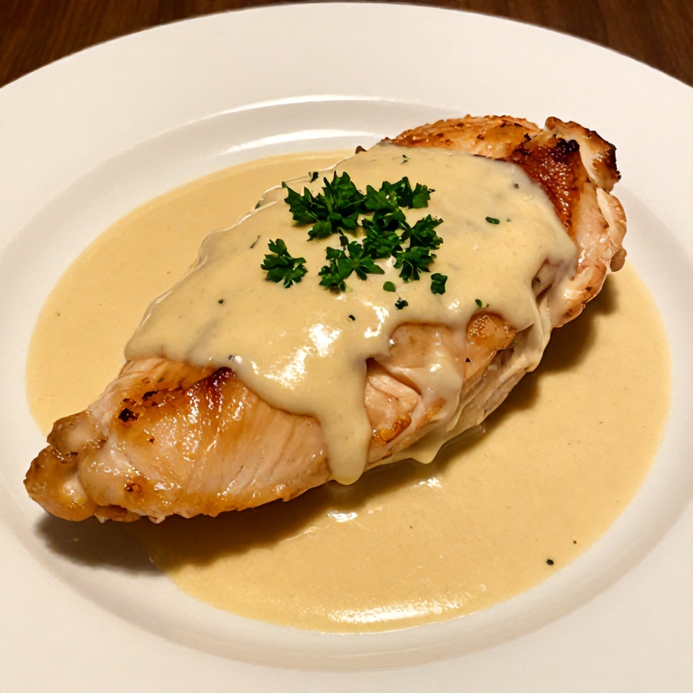 Perfectly plated chicken breast with sauce drizzled over it, fresh parsley garnish, white ceramic plate, warm side lighting highlighting texture, photorealistic food photography