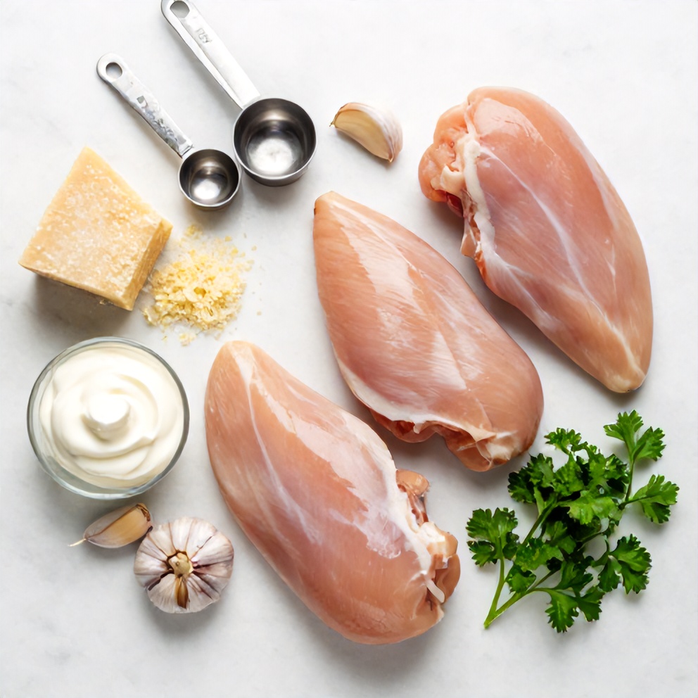Raw chicken breasts, garlic cloves, Parmesan cheese, heavy cream, fresh parsley arranged in an overhead flat lay, measuring cups and spoons nearby, white marble surface, bright even light