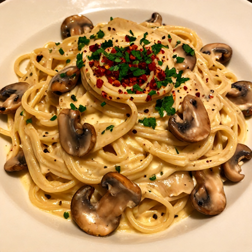Plated Gorgonzola Truffle Mushroom Pasta