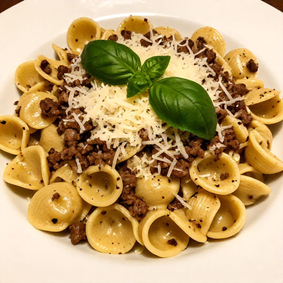 Plated Creamy Ground Beef Orecchiette Pasta