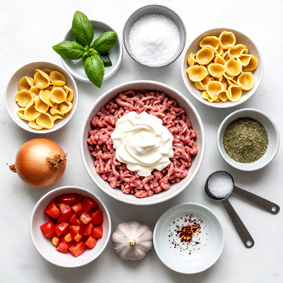 Raw Ingredients for Creamy Ground Beef Orecchiette Pasta