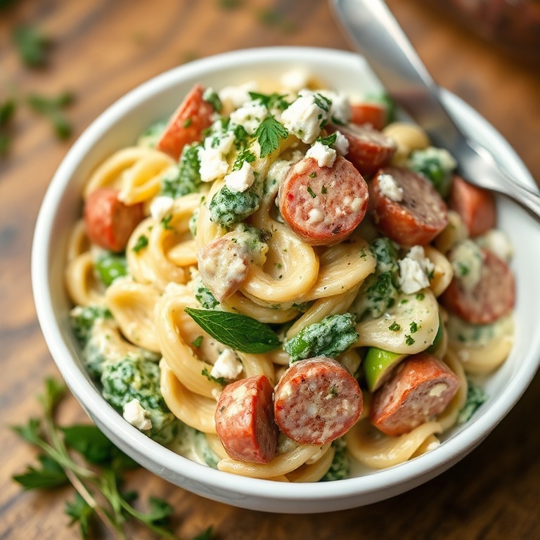 One plated serving of creamy herby pasta salad garnished with fresh chopped herbs, served in a shallow white pasta bowl, close crop with warm side lighting showing creamy coating and flecks of herbs.