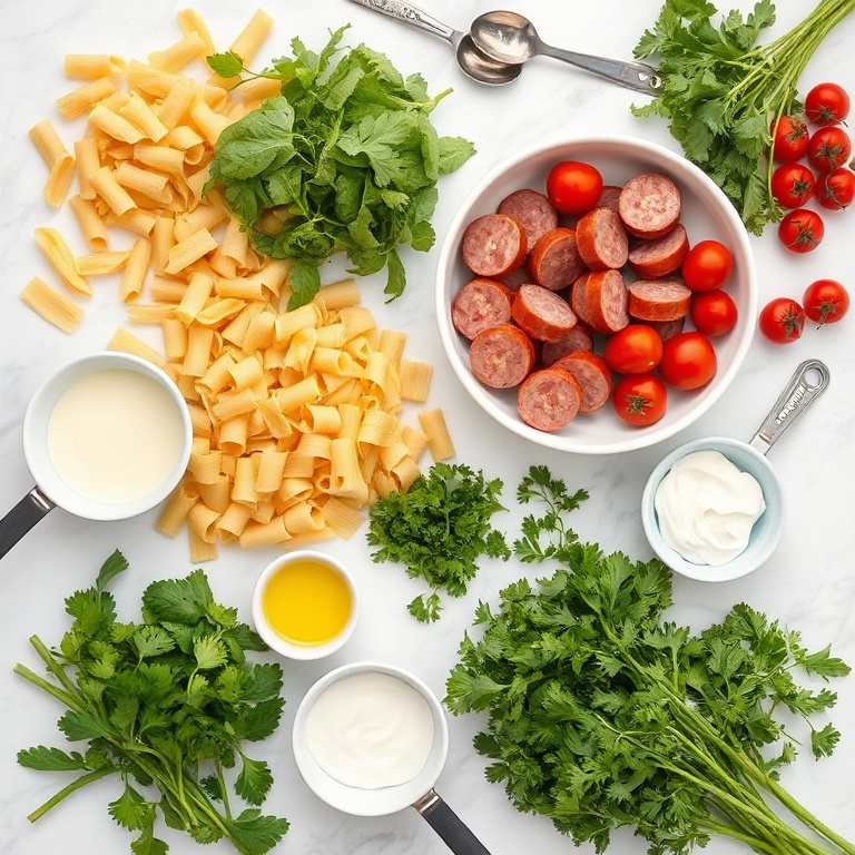 All raw ingredients for creamy herby pasta salad including rotini pasta, cooked sausage, fresh mixed greens, mayonnaise, chopped herbs, and cherry tomatoes arranged overhead with prep bowls on a white marble surface.
