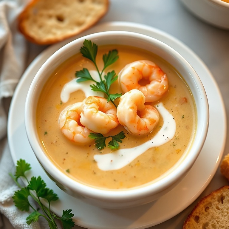 A single serving of creamy shrimp bisque in a white bowl, topped with fresh parsley and a drizzle of cream, with warm side lighting