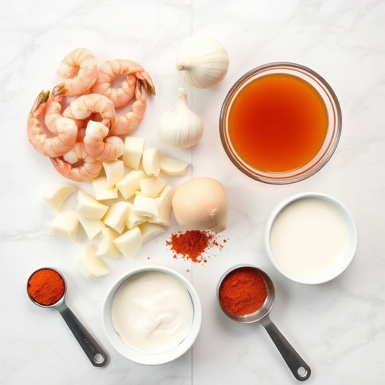A flat lay of shrimp, onion, garlic, broth, heavy cream, and paprika arranged on a white marble surface with measuring spoons and bowls nearby