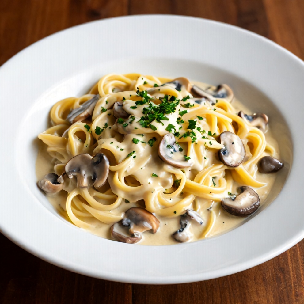 Plated creamy Italian mushroom carbonara with parsley garnish