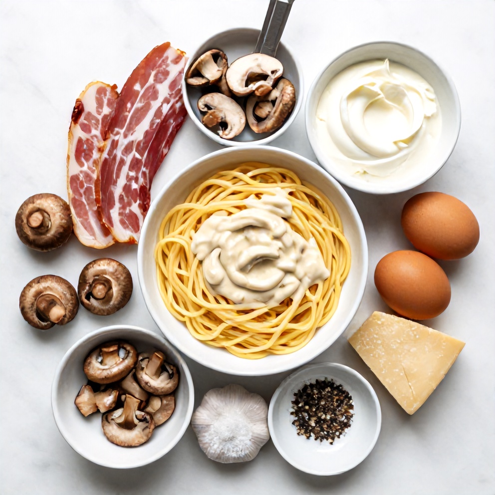 Raw ingredients for creamy Italian mushroom carbonara on a marble surface
