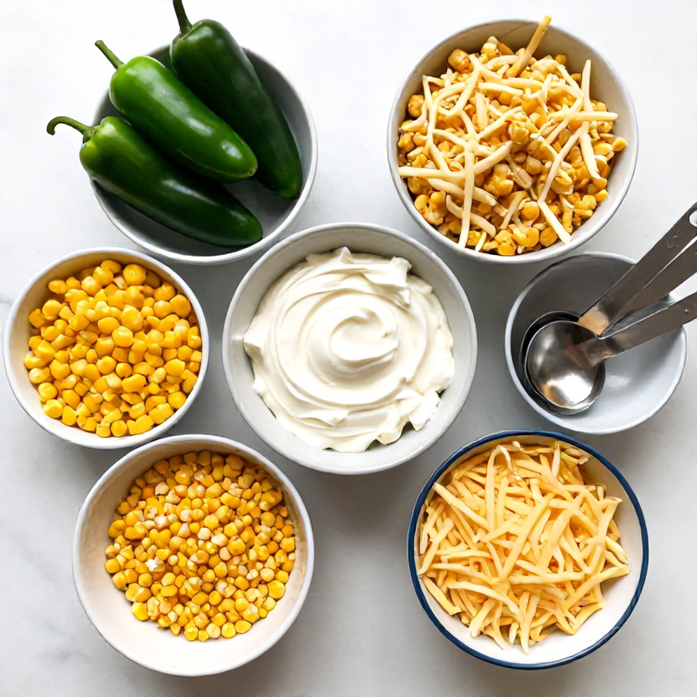 Overhead flat lay of raw ingredients including jalapeños, corn, cream cheese, and shredded cheese, prep bowls and measuring spoons visible, white marble surface, bright even light