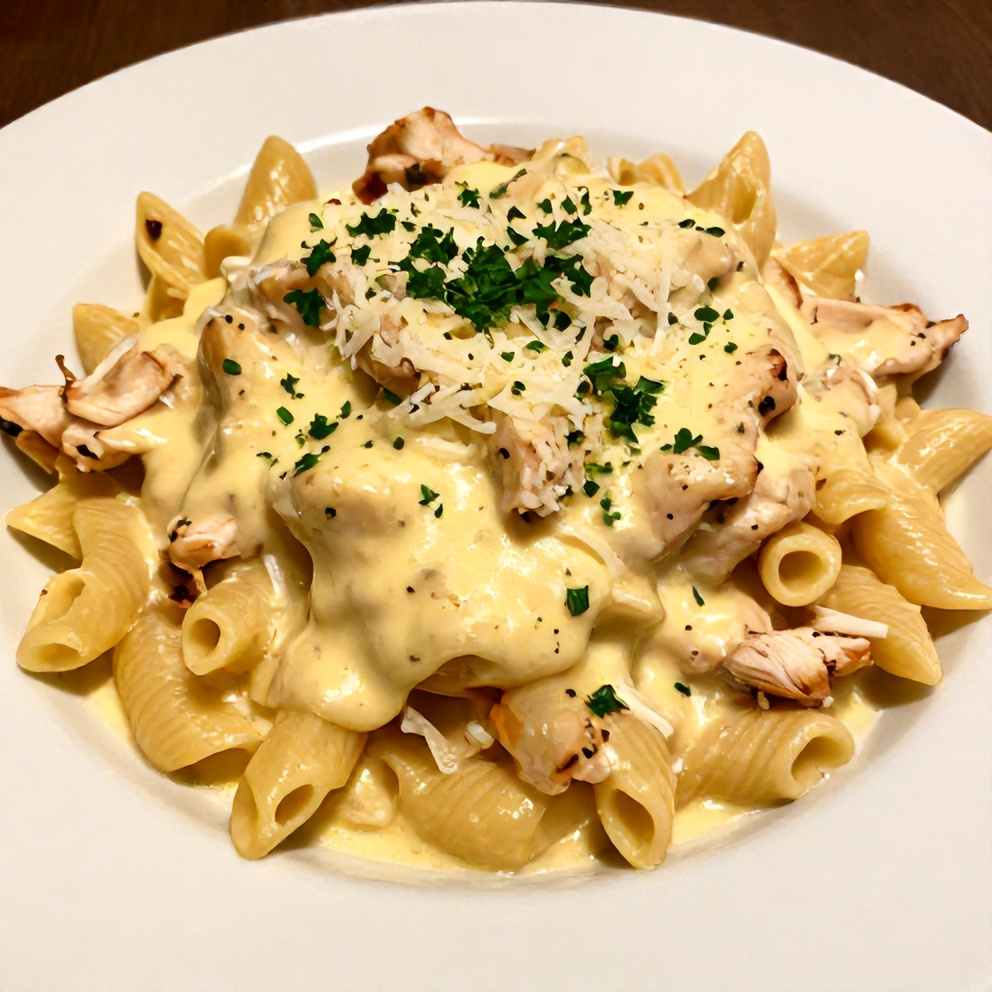 Plated Creamy Lemon Chicken Pasta Bake