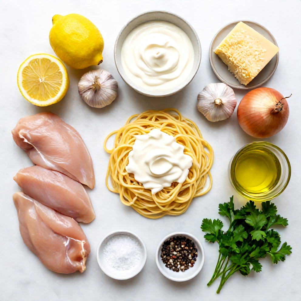 Raw Ingredients for Creamy Lemon Chicken Pasta Bake