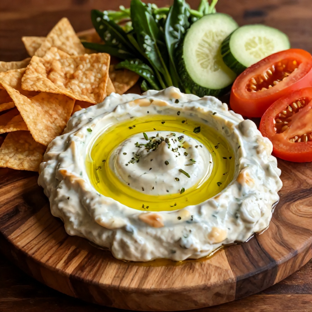 Creamy lemon herb white bean dip served with pita chips on a rustic wooden board