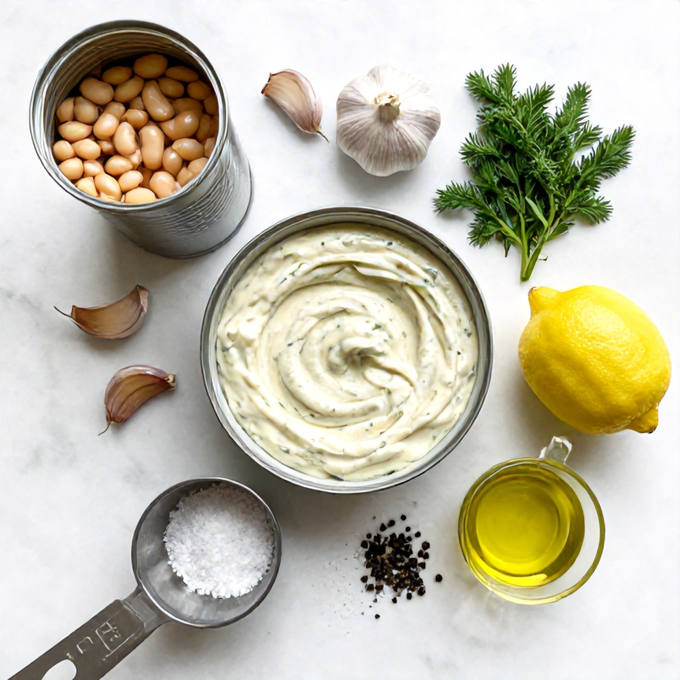 Can of white beans, garlic cloves, lemon, fresh herbs, olive oil, salt, and pepper arranged on a marble surface