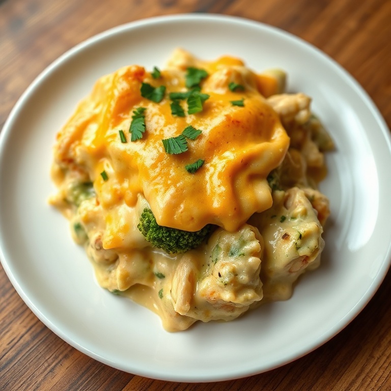 One hearty serving of creamy low carb chicken casserole on a white dinner plate, topped with fresh parsley, brightened by warm side lighting.