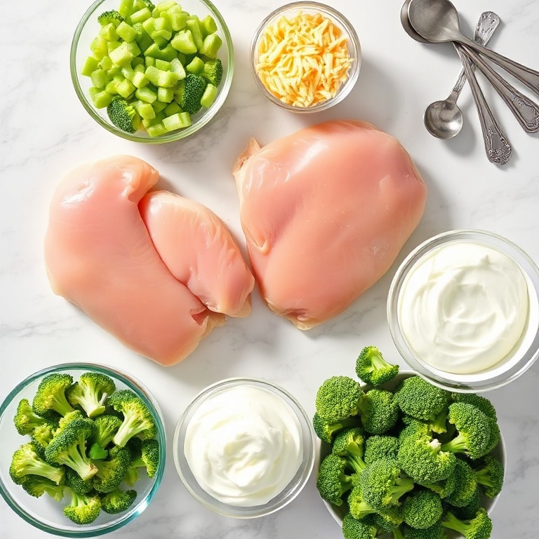 Overhead of fresh chicken breast, broccoli florets, shredded cheddar cheese, cream cheese, and sour cream with prep bowls and measuring spoons.