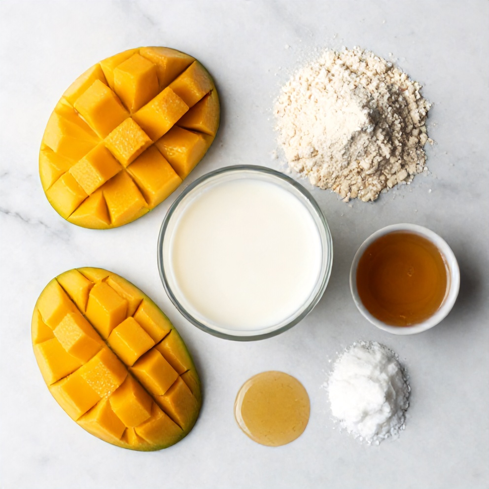 Raw ingredients for Mango Coconut Protein Shake