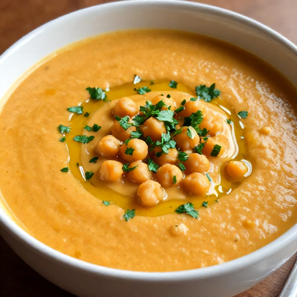 Bowl of Creamy Moroccan Sweet Potato Soup with Chickpeas
