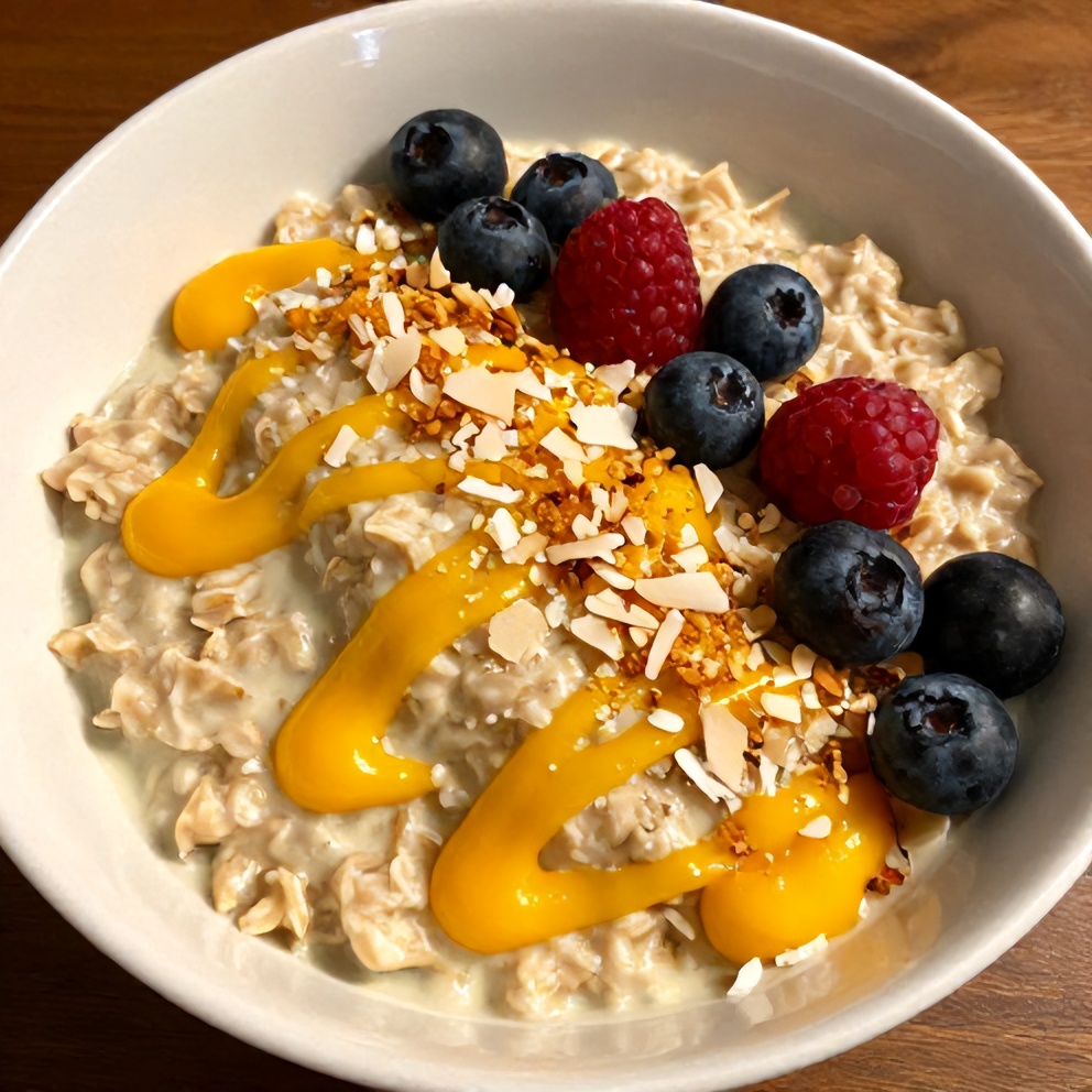 Finished Pandan Coconut Overnight Oats with Mango Drizzle