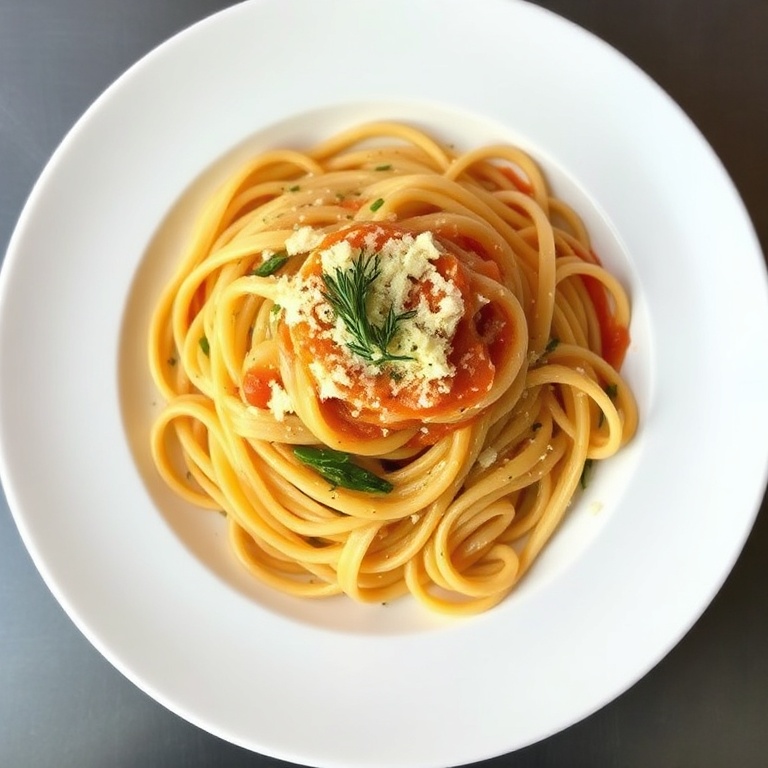 A perfectly plated pasta dish with a sprinkle of parmesan, fresh herbs, and a drizzle of sauce. A white porcelain plate with a clean, elegant look.