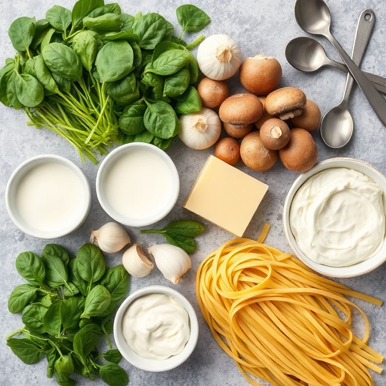Fresh spinach, mushrooms, garlic, heavy cream, parmesan cheese, and fettuccine arranged in a neat overhead flat lay. Measuring spoons and bowls nearby.