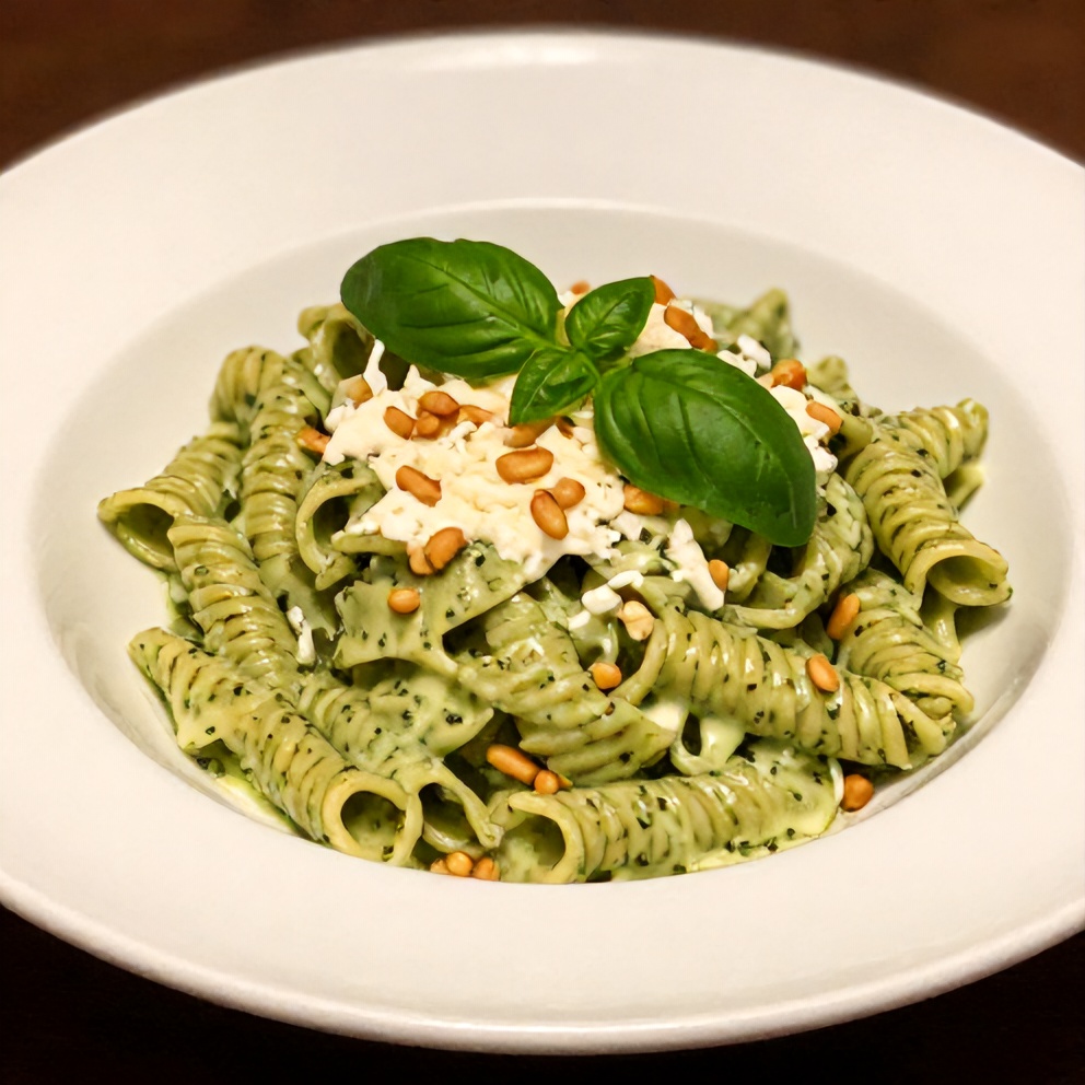 Plated Creamy Pesto Goat Cheese Pasta with Pine Nuts